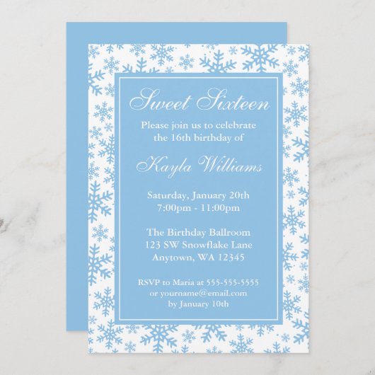 Blue Snowflake Border Winter Wonderland Sweet 16 Kaart (Voorkant / Achterkant)
