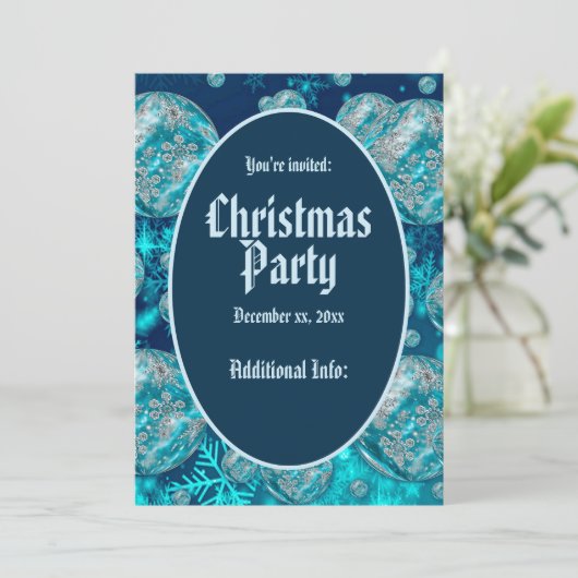 Blue Snowflake Bubbles Holiday Party Uitnodiging (Staand voorkant)