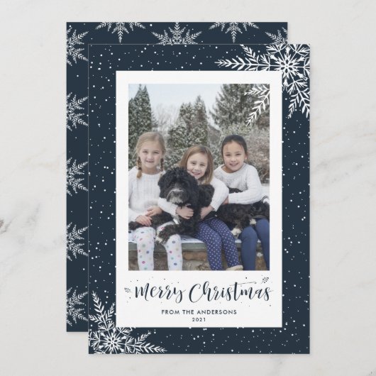 Blue Snowflake Calligraphy Feestdagenkaart (Voorkant / Achterkant)