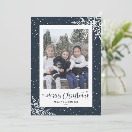 Blue Snowflake Calligraphy Feestdagenkaart (Staand voorkant)