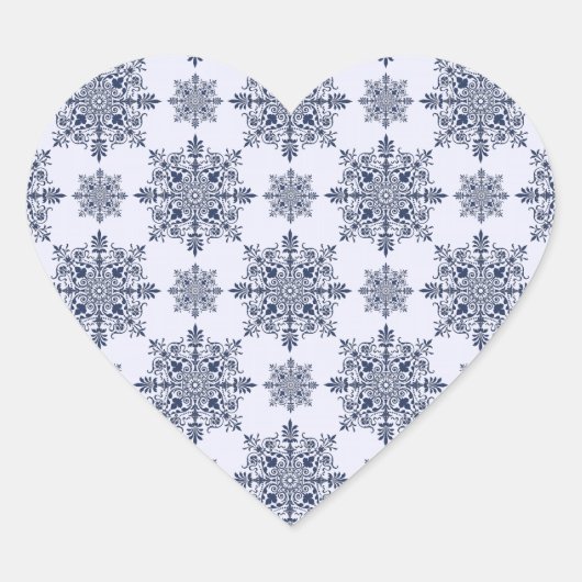 Blue Snowflake Damask Patroon Hart Sticker (Voorkant)