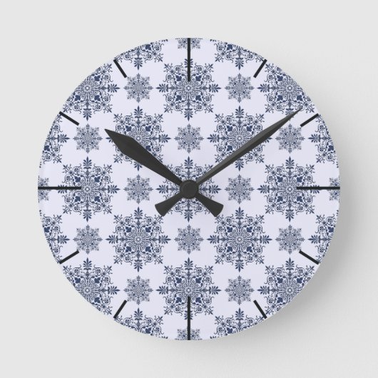 Blue Snowflake Damask Patroon Ronde Klok (Voorkant)