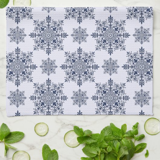 Blue Snowflake Damask Patroon Theedoek (Gevouwen)
