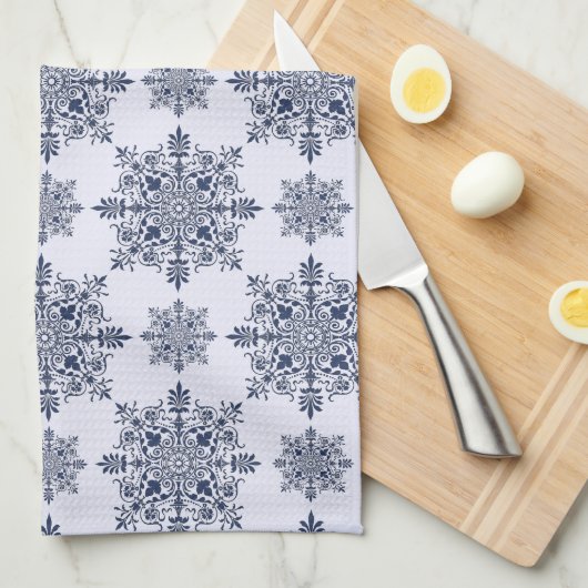 Blue Snowflake Damask Patroon Theedoek (Quarter Fold)