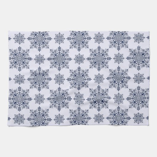 Blue Snowflake Damask Patroon Theedoek (Horizontaal)