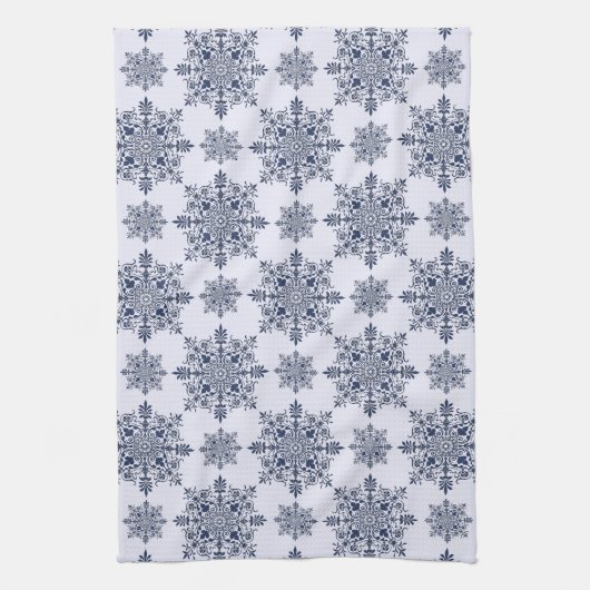 Blue Snowflake Damask Patroon Theedoek (Verticaal)