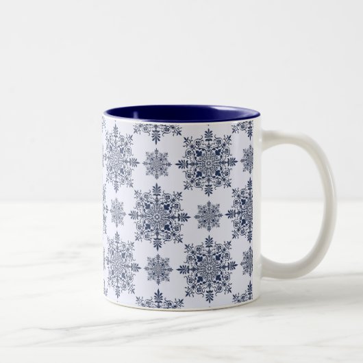 Blue Snowflake Damask Patroon Tweekleurige Koffiemok (Rechts)
