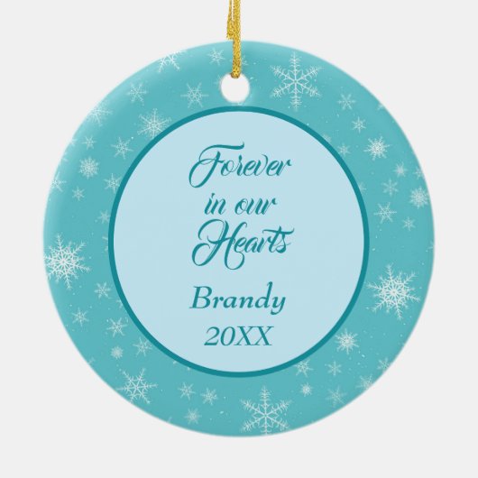 Blue Snowflake Evergreen Foto Memorial Keramisch Ornament (Achterkant)