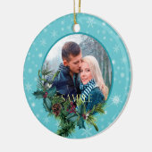 Blue Snowflake Evergreen Lijst Foto Keramisch Ornament (Links)