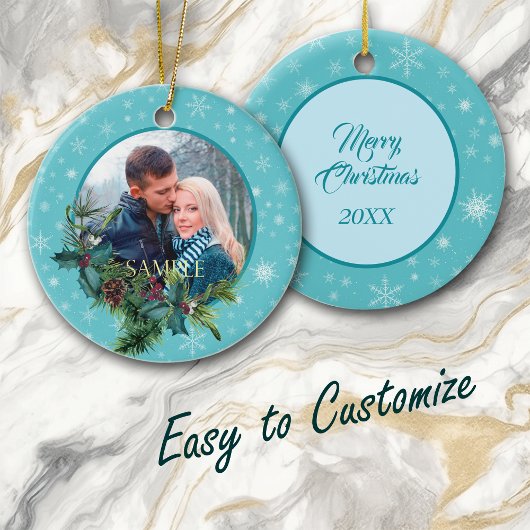 Blue Snowflake Evergreen Lijst Foto Keramisch Ornament