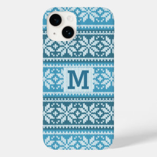 Blue Snowflake Faux Knit Sweater Pattern Monogram Case-Mate iPhone 14 Hoesje
