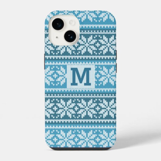Blue Snowflake Faux Knit Sweater Pattern Monogram iPhone Hoesje (Achterkant)