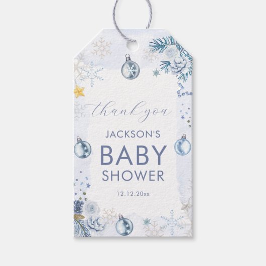 Blue Snowflake Flower Winter Baby Shower  Cadeaulabel (Voorkant)