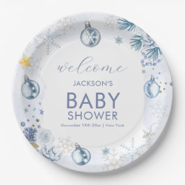 Blue Snowflake Flower Winter Baby Shower Welcome Papieren Bordje