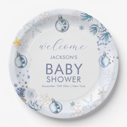 Blue Snowflake Flower Winter Baby Shower Welcome Papieren Bordje (Voorkant)