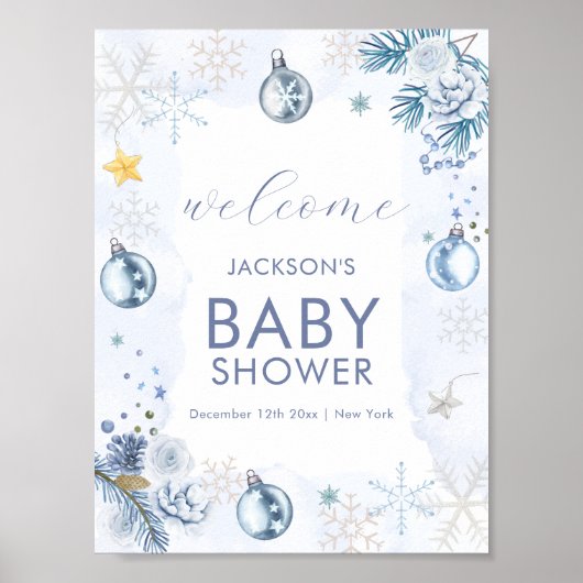 Blue Snowflake Flower Winter Baby Shower Welcome Poster (Voorkant)