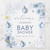 Blue Snowflake Flower Winter Baby Shower Welcome Wijn Etiket (Enkel label)