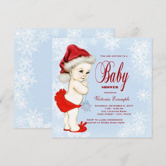 Blue Snowflake Girls Kerst Baby shower Kaart (Voorkant / Achterkant)