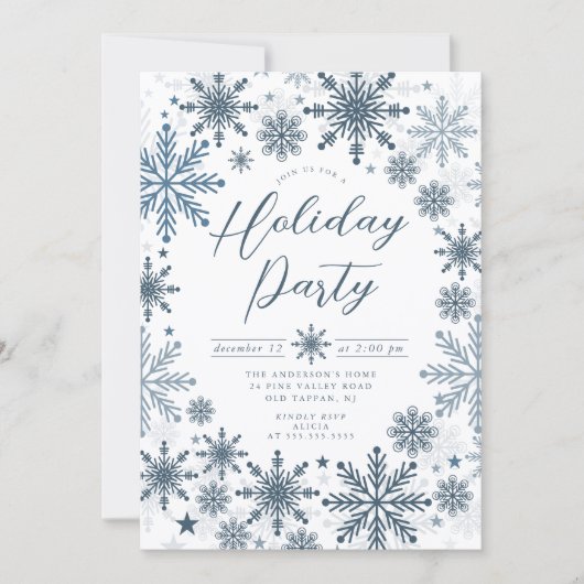 Blue Snowflake Holiday Party Invitation Kaart (Voorkant)