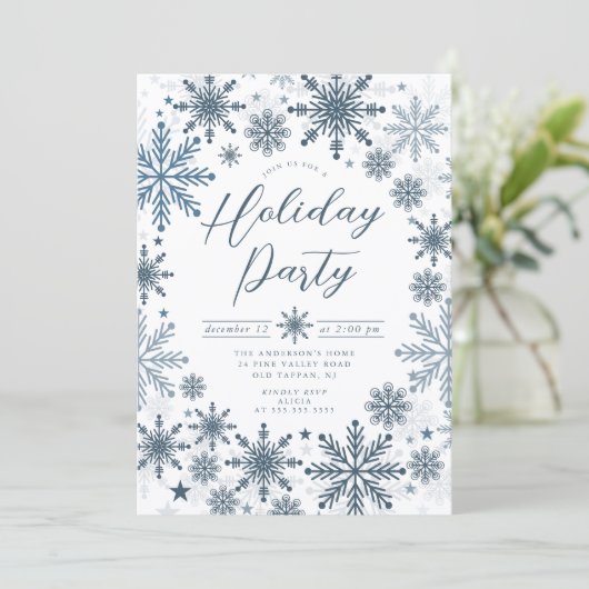 Blue Snowflake Holiday Party Invitation Kaart (Staand voorkant)