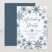 Blue Snowflake Holiday Party Invitation Kaart (Voorkant / Achterkant)
