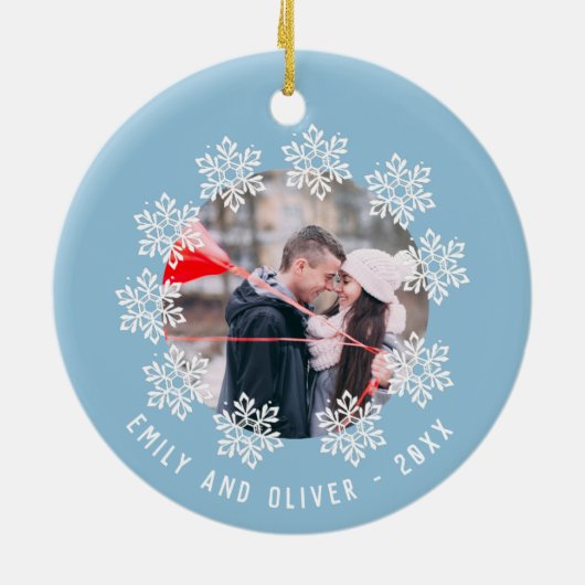 Blue Snowflake Lijst Couple Keepomwille Foto Keramisch Ornament (Achterkant)