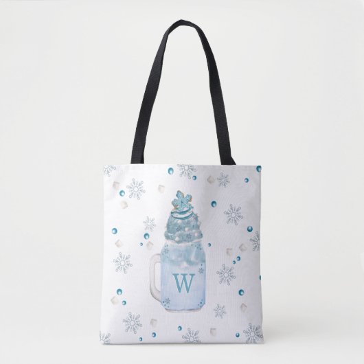 Blue Snowflake Mason Jar Milkshake Monogram Tote Bag (Voorkant)