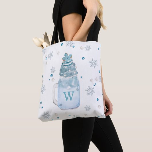 Blue Snowflake Mason Jar Milkshake Monogram Tote Bag (Dichtbij)