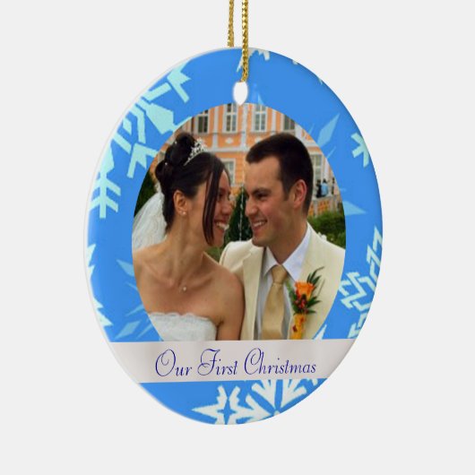 Blue Snowflake Ons eerste kerstfoto-Ornament Keramisch Ornament (Rechts)