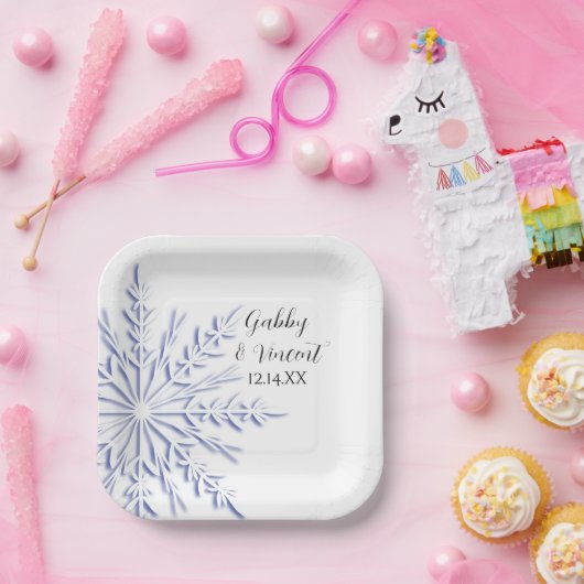 Blue Snowflake op White Winter Wedding Papieren Bordje (Feest)