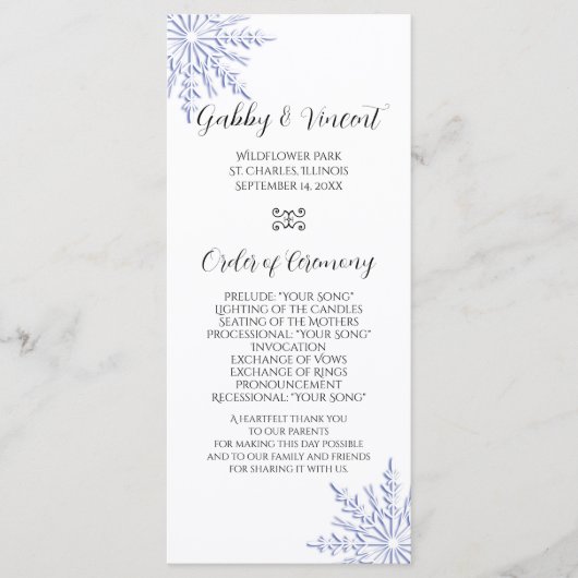 Blue Snowflake over White Winter Wedding Programme Programmakaart (Voorkant)