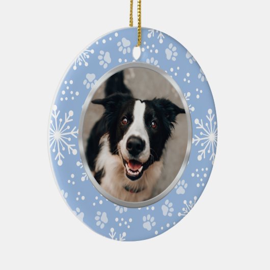 Blue Snowflake Paw Pattern Foto Keramisch Ornament (Rechts)