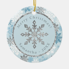 Blue Snowflake Persoonlijke naamdatum Keramisch Ornament
