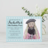 Blue Snowflake Photo Birthday Invitation Kaart (Staand voorkant)