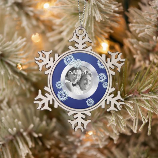 Blue Snowflake Photo Template Kerstmis Tin Sneeuwvlok Ornament (Boom)