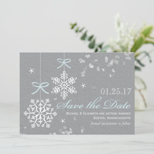 Blue Snowflake Save the Date Cards (Staand voorkant)