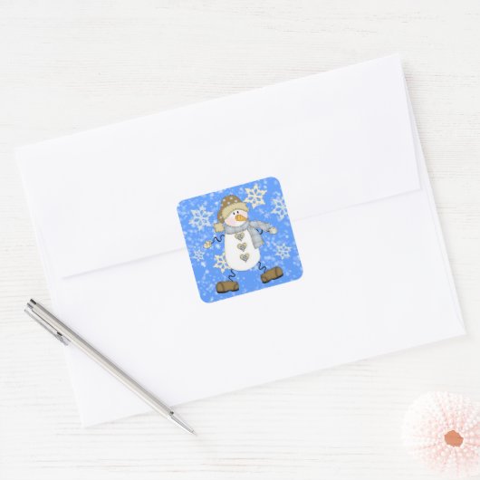 Blue Snowflake Snowman Holiday Vierkante Sticker (Envelop)
