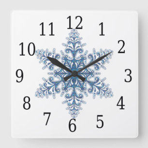 Blue Snowflake Square Clock Vierkante Klok