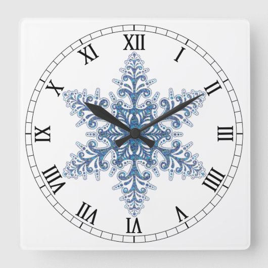 Blue Snowflake Square Roman Nummerklok Vierkante Klok (Voorkant)