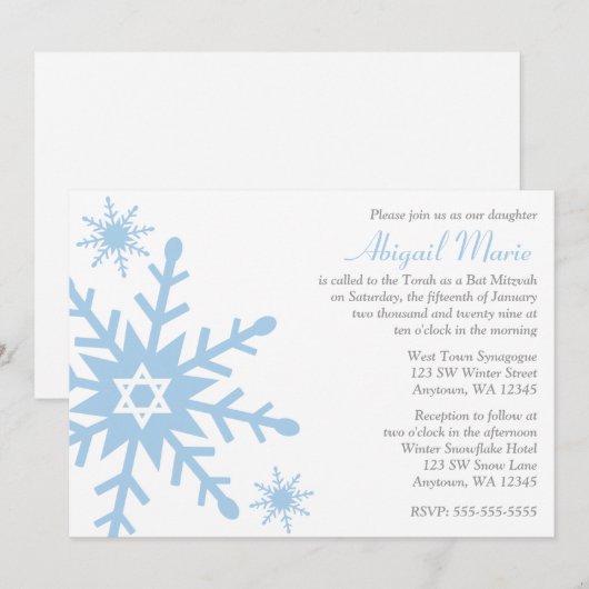 Blue Snowflake Star van David Bat Mitzvah Kaart (Voorkant / Achterkant)
