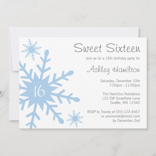 Blue Snowflake Sweet 16 Winter Birthday Invitation Kaart (Voorkant)