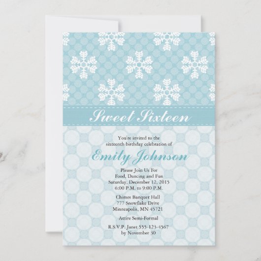 Blue Snowflake Sweet Sixteen-uitnodigingen Kaart (Voorkant)