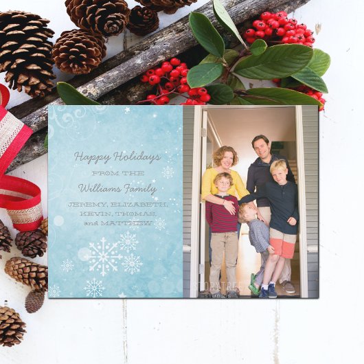 Blue Snowflake Swirls Holiday Photo Flat Kaart