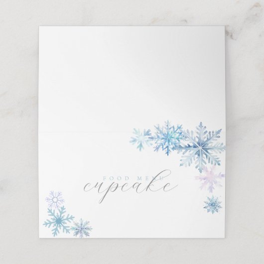 Blue Snowflake Tent Menu Card — Winter First Birth (Buitenkant ongevouwen)