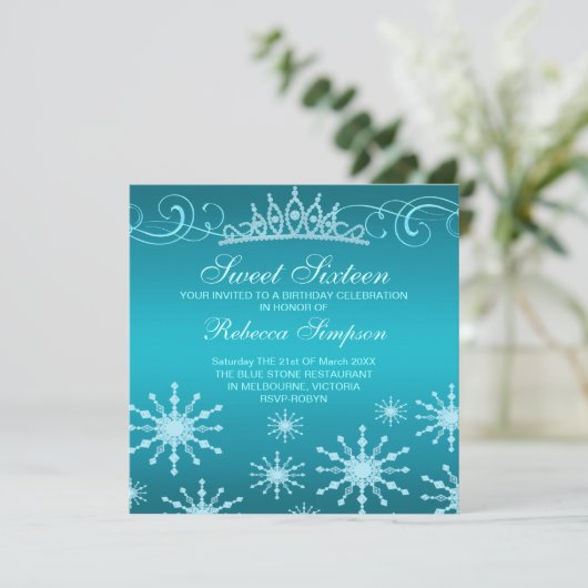 Blue Snowflake & Tiara Design Verjaardag Uitnodigi Kaart (Staand voorkant)