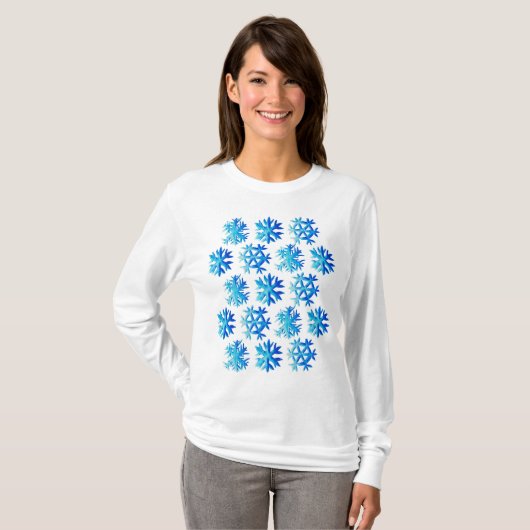 Blue Snowflake Waterverf Winterkunst T-shirt (Voorkant volledig)