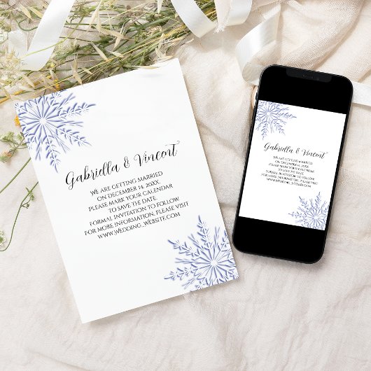 Blue Snowflake White Winter Wedding Save the Date Kaart