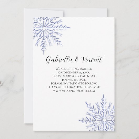 Blue Snowflake White Winter Wedding Save the Date Kaart (Voorkant)