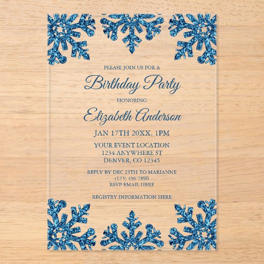 Blue Snowflake Winter Birthday Party Acryl Uitnodigingen (Voorkant)