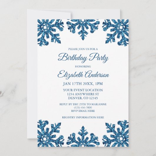 Blue Snowflake Winter Birthday Party Kaart (Voorkant)
